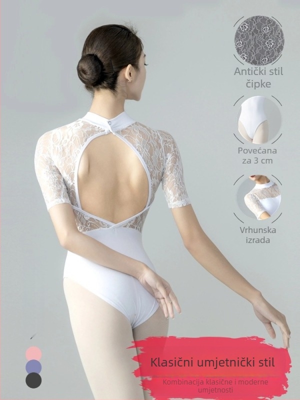 Baletni jednodjelni leotard s visokim ovratnikom i čipkastim detaljima cvjetnih uzoraka — tkanina od pamutno-poliesterne smjese (60.8% poliestera, 33.7% pamuka, 5.5% elastana); podstava od pamuka
