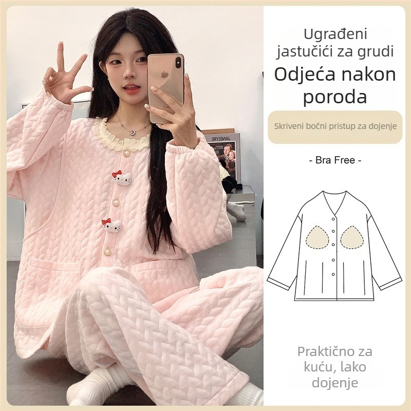 Trudnički pidžama set s jastučićima za dojke — cardigan stil, materijal air cotton, dugi rukavi, hlače, 201–250 g/m²