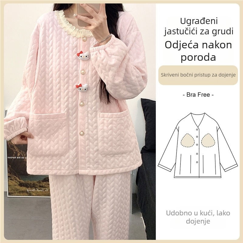 Trudnički pidžama set s jastučićima za dojke — cardigan stil, materijal air cotton, dugi rukavi, hlače, 201–250 g/m²
