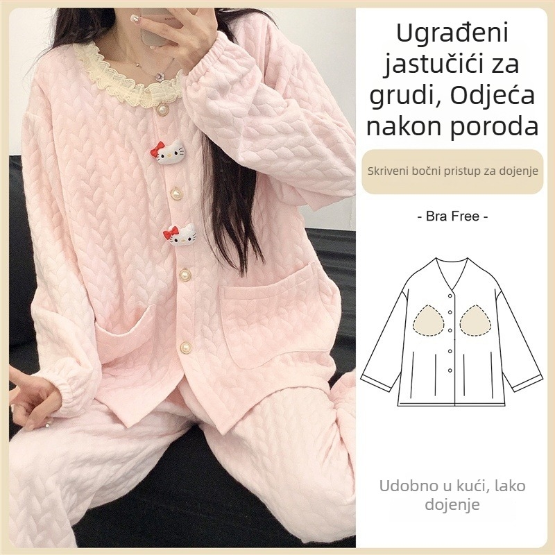 Trudnički pidžama set s jastučićima za dojke — cardigan stil, materijal air cotton, dugi rukavi, hlače, 201–250 g/m²