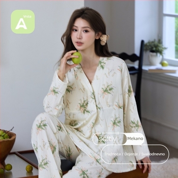 Set za kućnu odjeću za trudnoću i dojenje, pastoralnog stila, 100% pamuk, dvostruko slojevita gaz, V-izrez, dugi rukavi, hlače