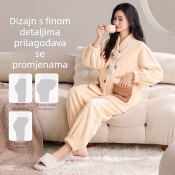 Set pidžama za trudnoću za jesen-zimu, polvelur tkanina, ekstra debela 301–350 g/m², bluza s V-izrezom i dugi rukavi te hlače, pogodna za dojenje, kućna odjeća