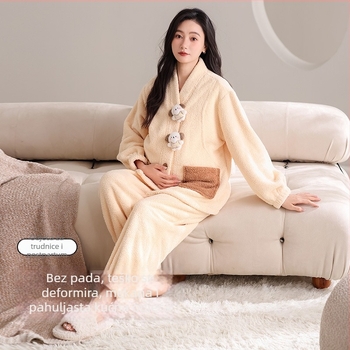Set pidžama za trudnoću za jesen-zimu, polvelur tkanina, ekstra debela 301–350 g/m², bluza s V-izrezom i dugi rukavi te hlače, pogodna za dojenje, kućna odjeća