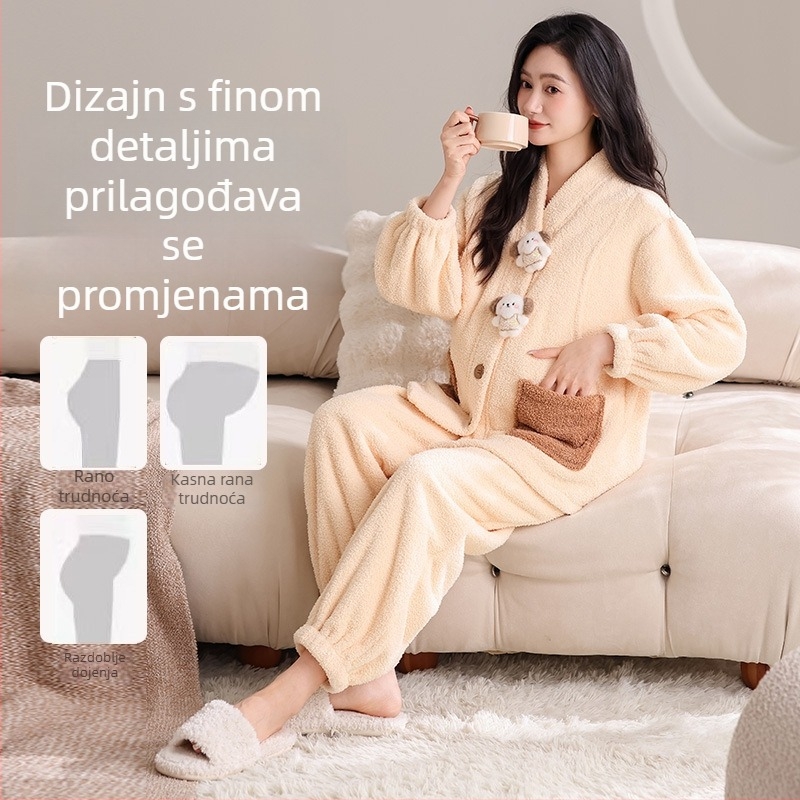 Set pidžama za trudnoću za jesen-zimu, polvelur tkanina, ekstra debela 301–350 g/m², bluza s V-izrezom i dugi rukavi te hlače, pogodna za dojenje, kućna odjeća