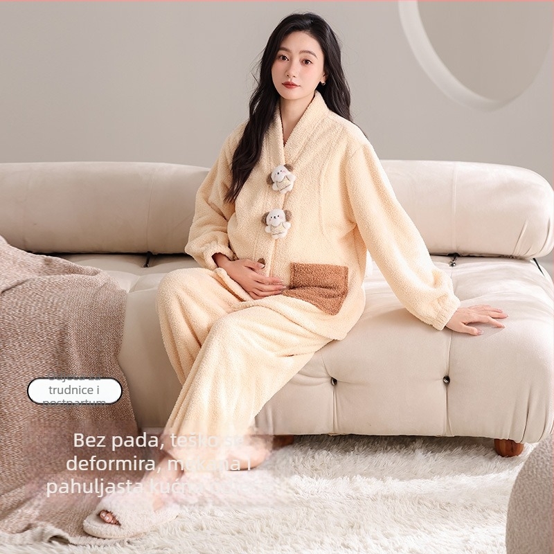 Set pidžama za trudnoću za jesen-zimu, polvelur tkanina, ekstra debela 301–350 g/m², bluza s V-izrezom i dugi rukavi te hlače, pogodna za dojenje, kućna odjeća