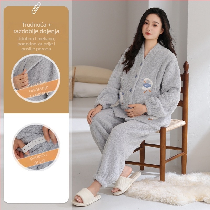 Set pidžama za trudnoću za jesen-zimu, polvelur tkanina, ekstra debela 301–350 g/m², bluza s V-izrezom i dugi rukavi te hlače, pogodna za dojenje, kućna odjeća
