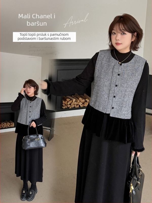 Bezrukavni ženski vest s baršunastim patchworkom i okruglim izrezom, zima 2025, 95% poliester