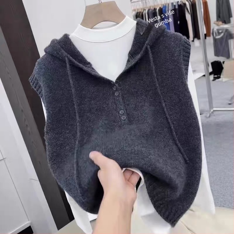 Kapuljačasta pletena vesta – korejskog stila, slobodan kroj, kratka dužina 40–50 cm, poliester smjesa (30–50%), za odrasle žene, Jesen 2025
