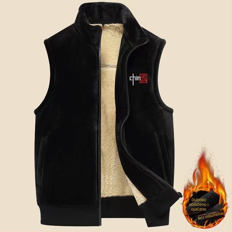 Muški zimski prsluk sa stojećim ovratnikom, podstavljeno flisom, deblji, širokog kroja, džepovi, ravni rub