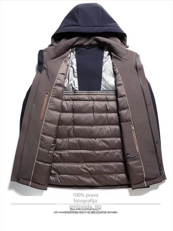 Muška puffer jakna s kapuljom, zimska jakna, punjena bijelim patkama perjem, 550 punjenja, 50–75 g punjenja, vanjski materijal najlon/spandeks