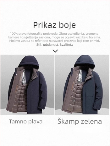 Muška puffer jakna s kapuljom, zimska jakna, punjena bijelim patkama perjem, 550 punjenja, 50–75 g punjenja, vanjski materijal najlon/spandeks