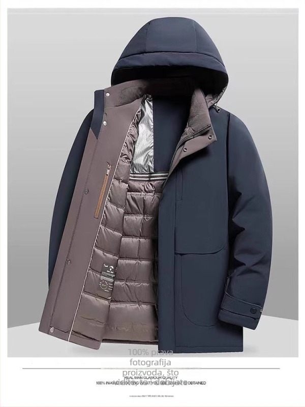Muška puffer jakna s kapuljom, zimska jakna, punjena bijelim patkama perjem, 550 punjenja, 50–75 g punjenja, vanjski materijal najlon/spandeks