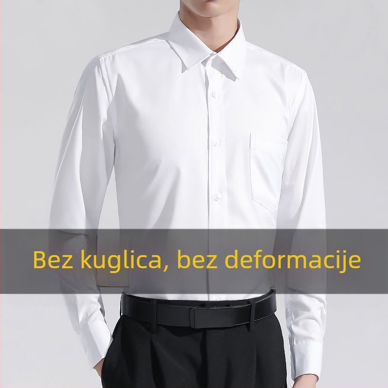 Muška košulja bez glađenja, prozračna, sa stojećim ovratnikom i dugim rukavima, za poslovni stil.