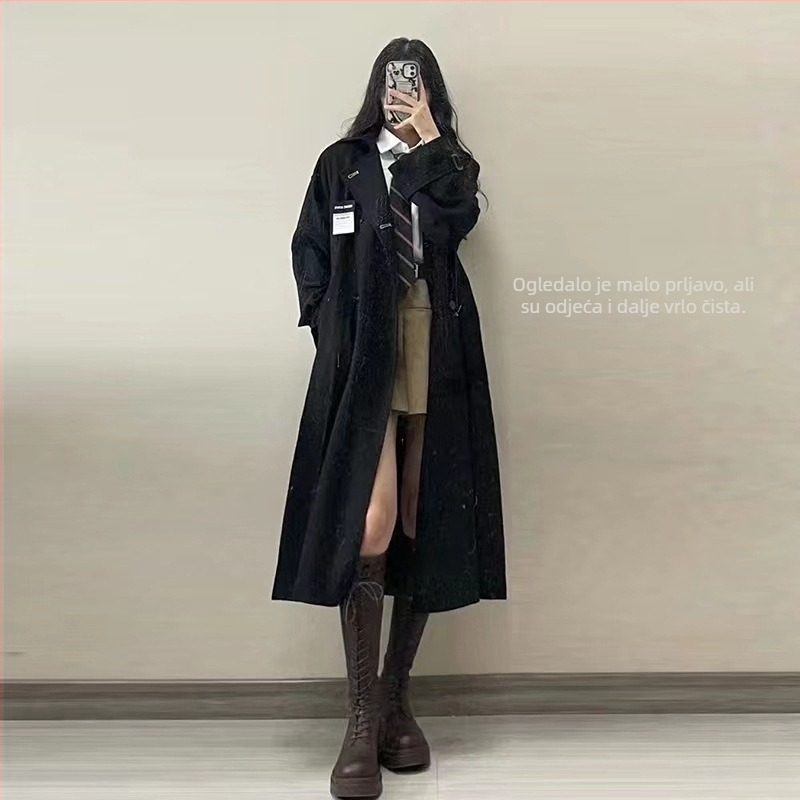 Ženski trench kaput srednje dužine, polo ovratnik, chenille tkanina, udio spandex <30%, dvostruko kopčanje, stil Royal Sister Wind