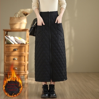 Zimska pamučna suknja, A-linija, otporna na vjetar i topla, zip i džepovi, mrežasti uzorak