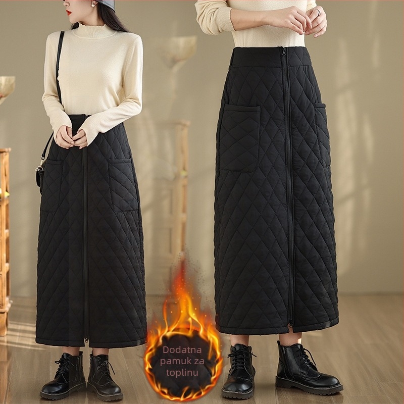Zimska pamučna suknja, A-linija, otporna na vjetar i topla, zip i džepovi, mrežasti uzorak