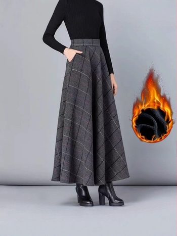 Kockasta široka suknja srednje dužine, vunena tkanina, 80-90% poliester