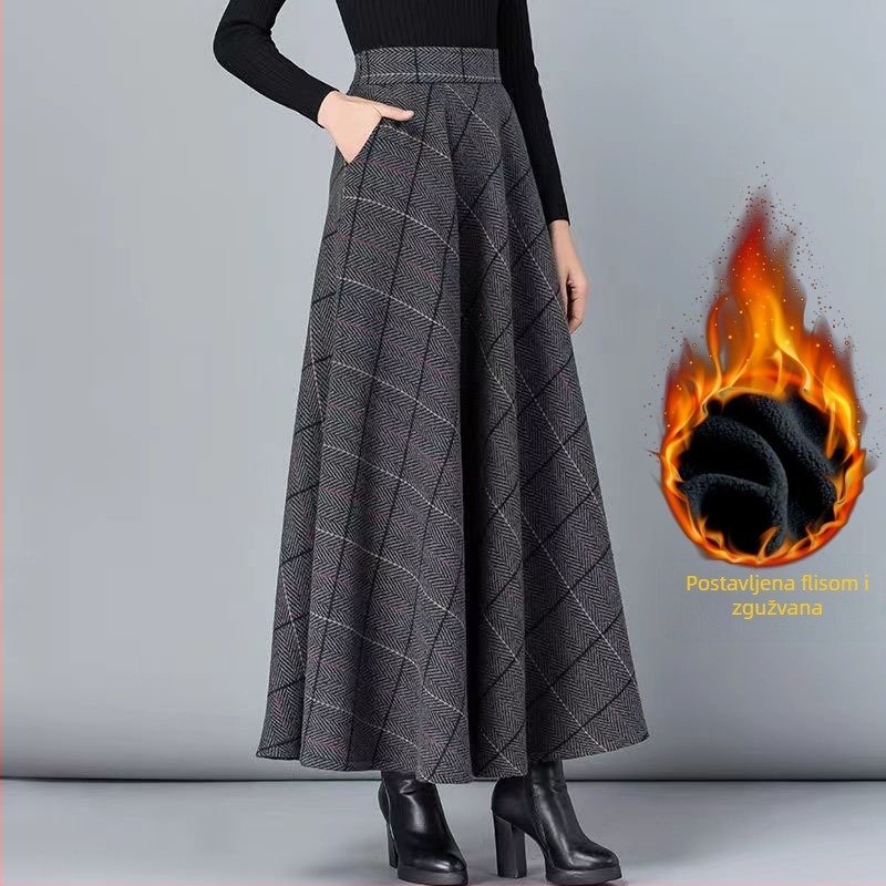 Kockasta široka suknja srednje dužine, vunena tkanina, 80-90% poliester