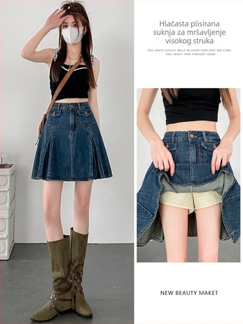 Džins plisirana A-linijska kratka suknja, visok pas, 80–90% pamuka, retro stil, ljeto 2023