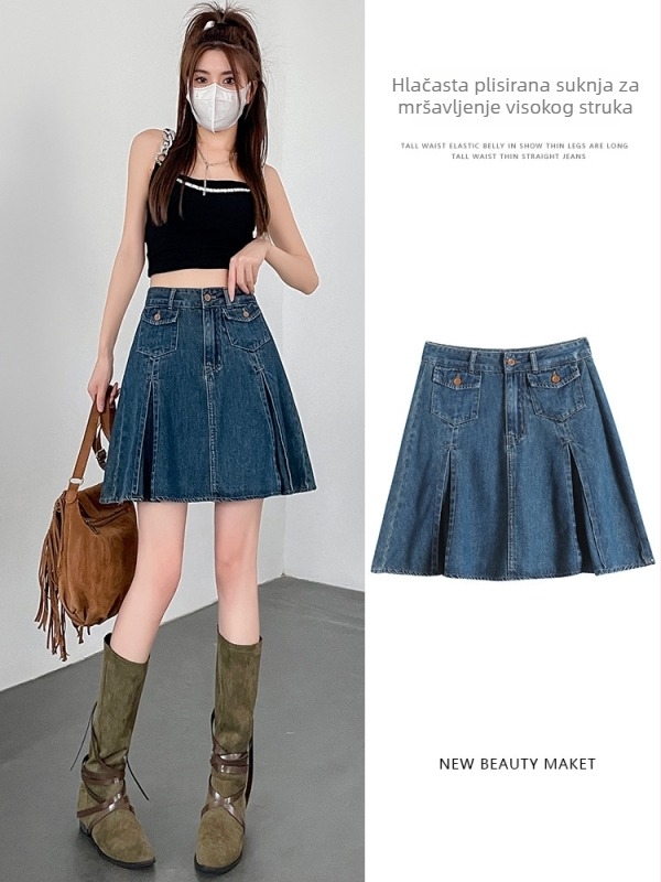 Džins plisirana A-linijska kratka suknja, visok pas, 80–90% pamuka, retro stil, ljeto 2023