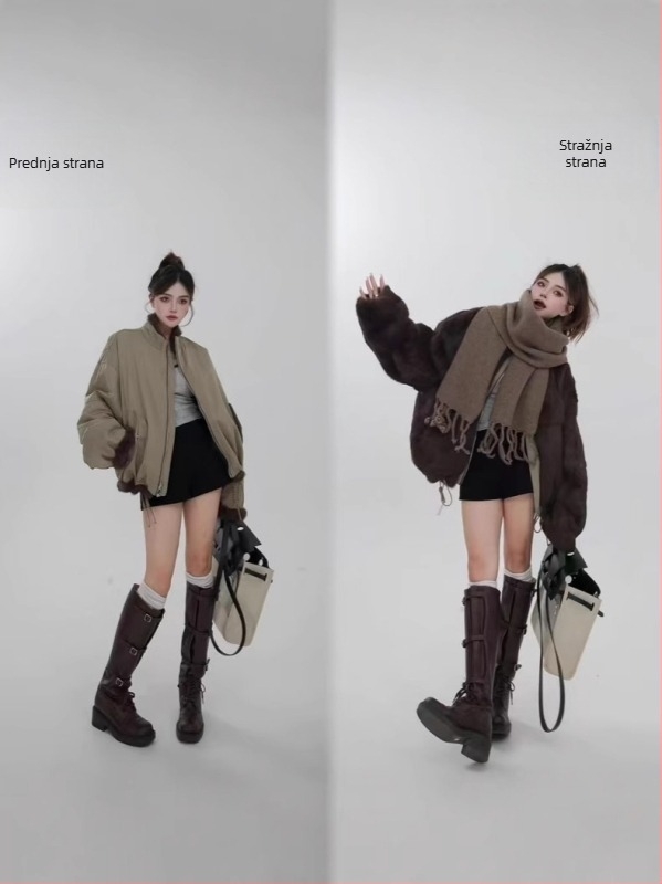 Ženska reverzibilna parka jakna s krznom od zeca, pravo krzno, opuštena silueta, moto stil