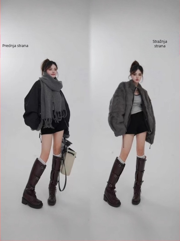 Ženska reverzibilna parka jakna s krznom od zeca, pravo krzno, opuštena silueta, moto stil