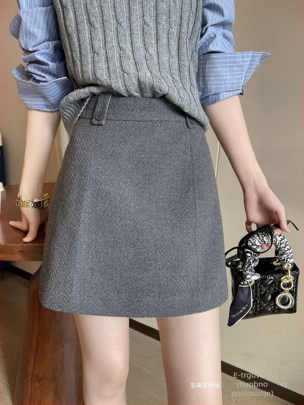 Plus veličine siva vunena suknja s visokim strukom i širokim krojem, proljeće 2025, stil Royal Sister, Private Server Socialite