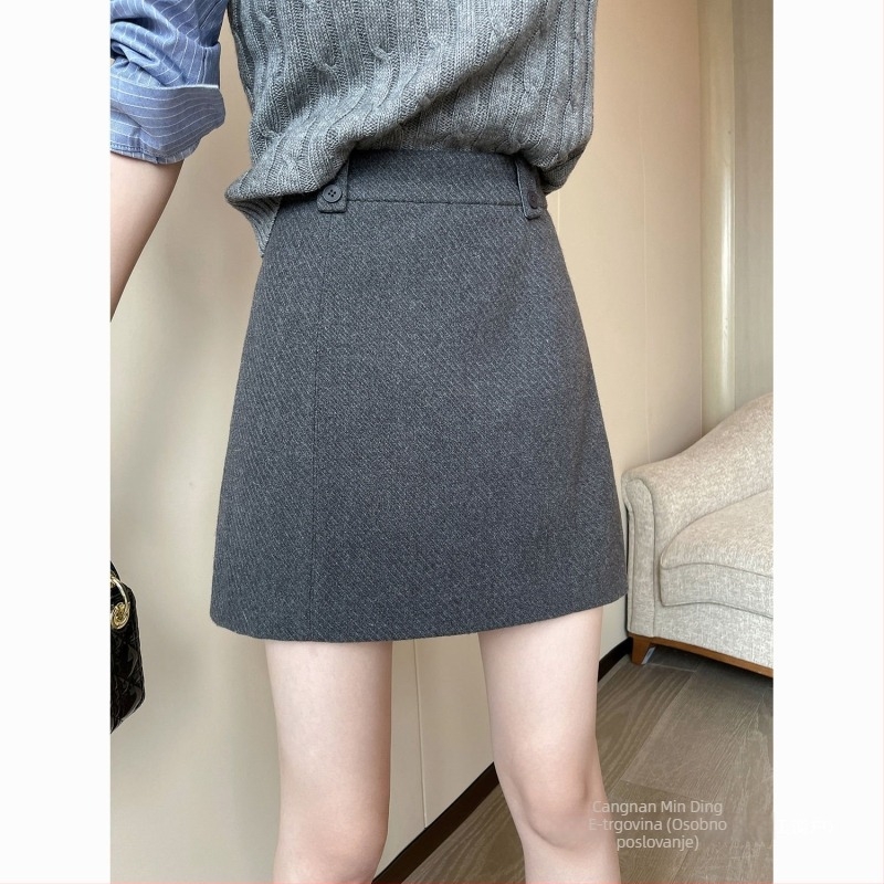 Plus veličine siva vunena suknja s visokim strukom i širokim krojem, proljeće 2025, stil Royal Sister, Private Server Socialite