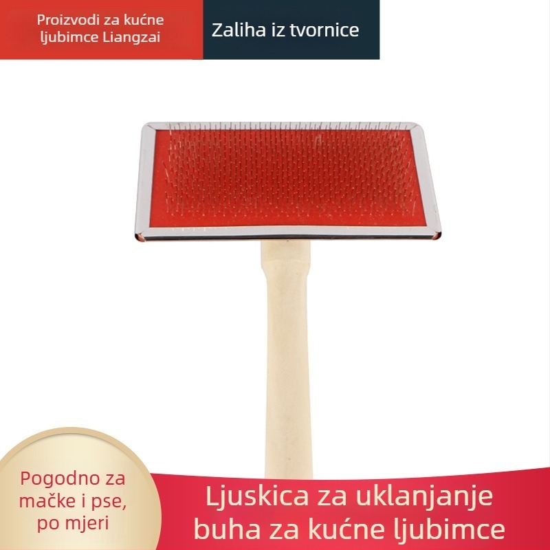 Četka za kućne ljubimce s drvenom ručkom – za mačke i pse, nehrđajući čelični zubi, uklanjanje opuštene dlake, raščešljavanje čvorova, masaža