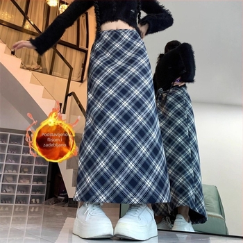 Plus veličina A-linijska suknja s kariranim flis podstavom, visok pojas, srednja duljina, retro stil za jesen-zimu