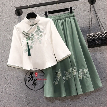 Elegantni ženski kostim s suknjom – dvodijelni set s izvezenim gornjim dijelom u Tang stilu, jednobojan, poliester, suknja srednje duljine, ½ rukava, proljeće 2025