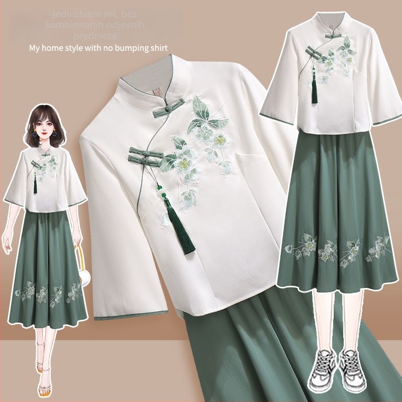 Elegantni ženski kostim s suknjom – dvodijelni set s izvezenim gornjim dijelom u Tang stilu, jednobojan, poliester, suknja srednje duljine, ½ rukava, proljeće 2025