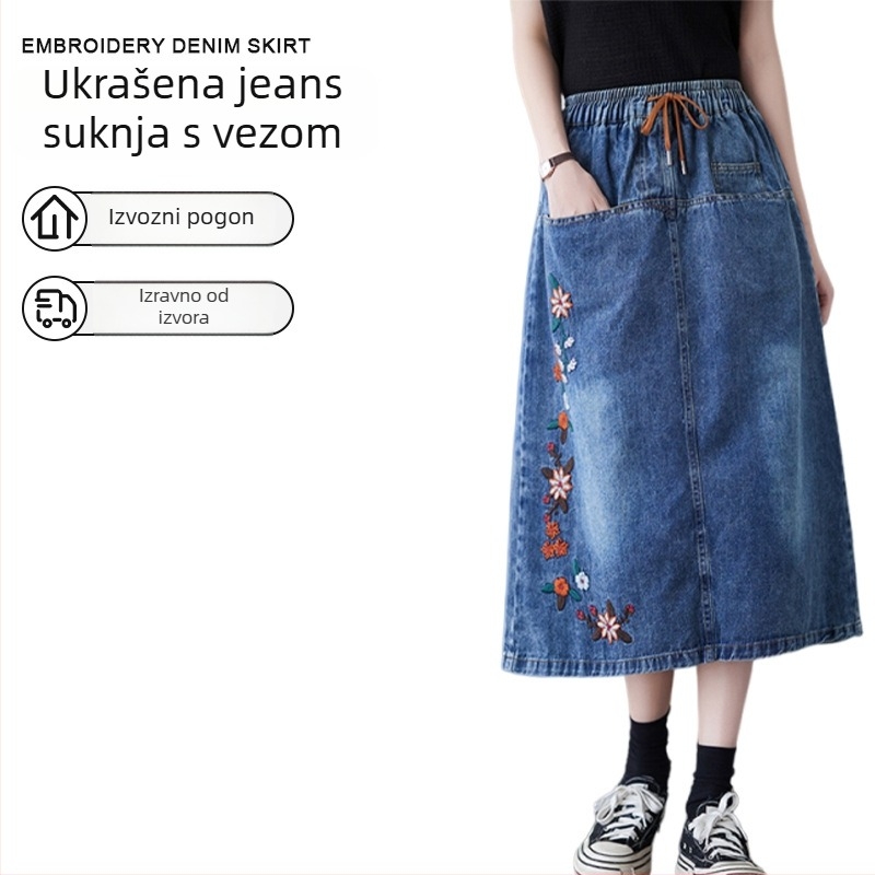 Našivana cvjetna denim suknja, kišobran-stil, srednja duljina, mikro-elastična