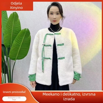 Palto od umjetne norke, kineskog stila, kopče s čvorovima, okrugli ovratnik, dugi rukavi, ležerni kroj, debeli za jesen/zimu, tkanina Gold mink velvet