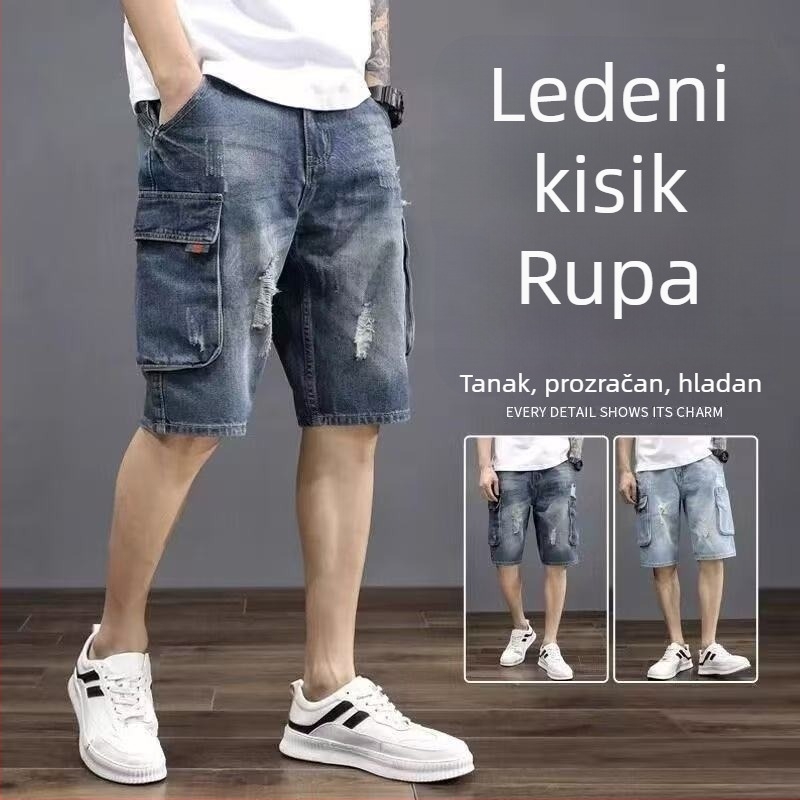 Slobodni džins šorc s više džepova, istrošeni dizajn, 65% pamuk, mikroelastičnost