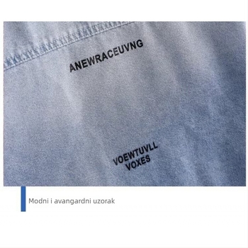 Muška ljetna denim košulja s kratkim rukavima, uži kroj, široki ovratnik, lagani poliester, print u skladu s bojom boja