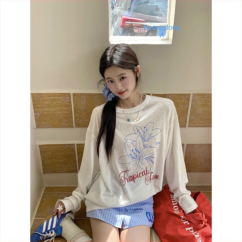 Top za zaštitu od sunca s dugim rukavima, slobodan kroj, pamuk-poliester tkanina, UPF 30+, srednja duljina, ljeto 2025