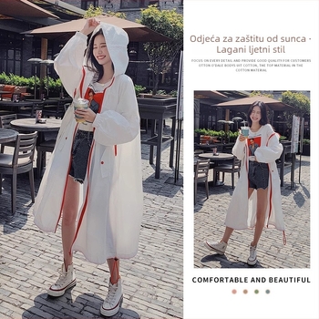 Ženski dugi, lagani kardigan za sunčevu zaštitu s zatvaračem; slobodan kroj do koljena; materijal viskoza/ledeno svila; UPF40+; proljeće 2025; jednobojan; japansko-korejski opušten stil.
