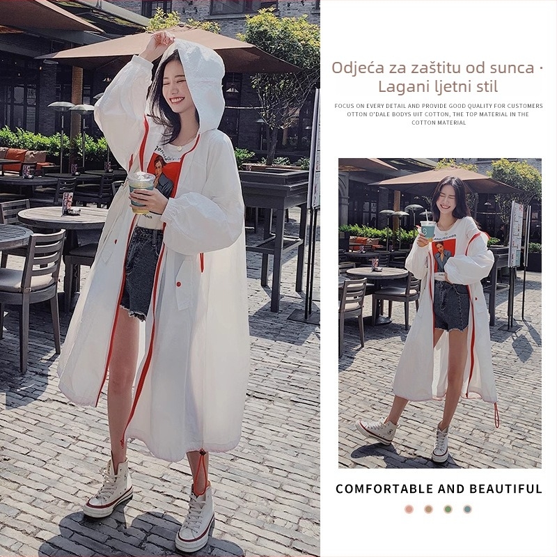 Ženski dugi, lagani kardigan za sunčevu zaštitu s zatvaračem; slobodan kroj do koljena; materijal viskoza/ledeno svila; UPF40+; proljeće 2025; jednobojan; japansko-korejski opušten stil.