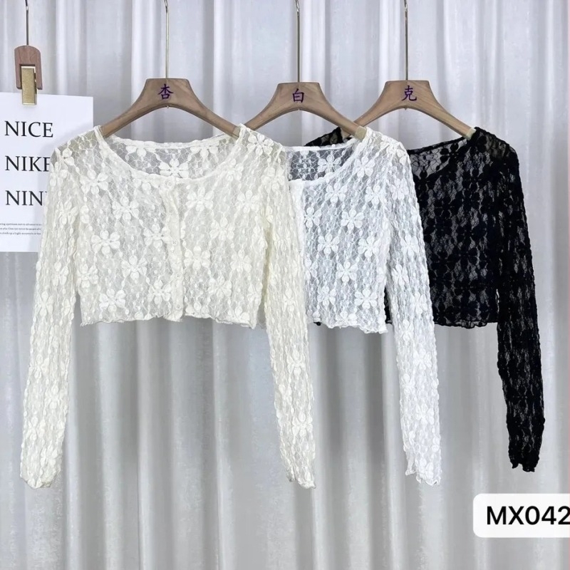 Poliester čipkasti proziran kardigan, kratka duljina, dugi rukavi, okrugli izrez, Mori wind stil