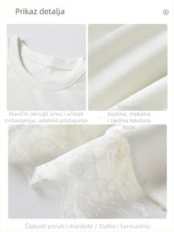 Majica s dugim rukavima od poliester materijala, čipkasti panel, kružni izrez, uski kroj