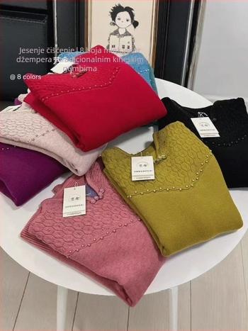 Puls od mink baršuna s uzorkom bisernog mašnog ukrasa, dugi rukavi, okrugli izrez, poliestersko-mješavina 30–50%