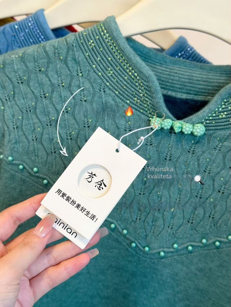 Puls od mink baršuna s uzorkom bisernog mašnog ukrasa, dugi rukavi, okrugli izrez, poliestersko-mješavina 30–50%