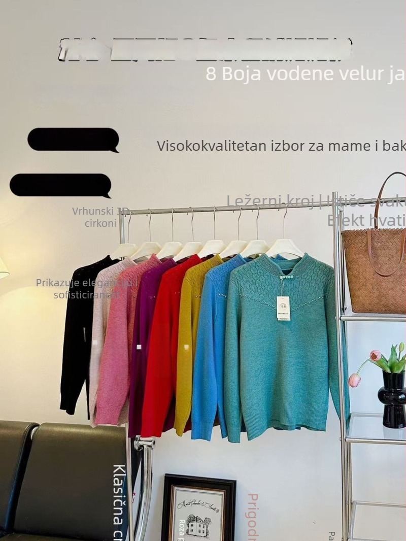 Puls od mink baršuna s uzorkom bisernog mašnog ukrasa, dugi rukavi, okrugli izrez, poliestersko-mješavina 30–50%