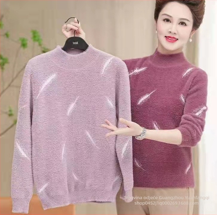 Ženski džemper od mink velura, 50-70% sadržaja mink, dizajn color-block, slobodan kroj, okrugli ovratnik