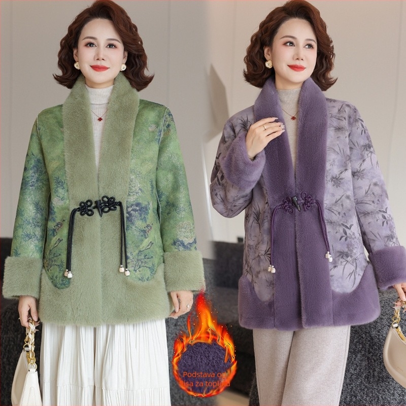 Ženski kaput od umjetne Mink Velvet, podstava od flisa, srednja duljina, zima 2025, za žene srednje dobi i starije