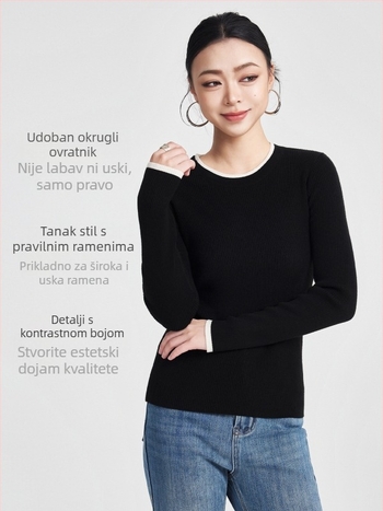 Ženski pulover od vunene mješavine s kapuljačom, uski kroj, okrugli izrez