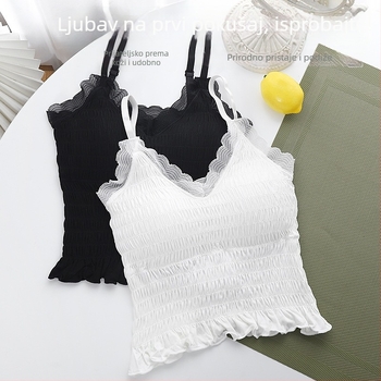 Francuski stil čipkasti plisirani top bez ramena, kratak, bez šavova, 92% najlon, za žene