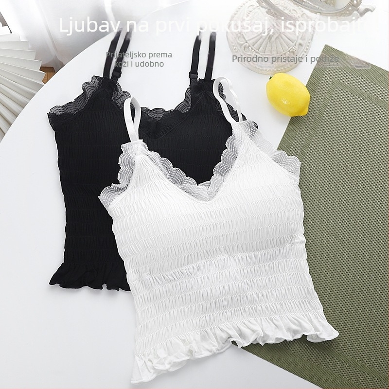 Francuski stil čipkasti plisirani top bez ramena, kratak, bez šavova, 92% najlon, za žene