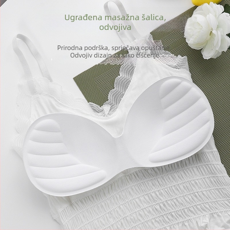 Francuski stil čipkasti plisirani top bez ramena, kratak, bez šavova, 92% najlon, za žene